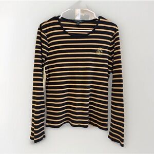 Lauren Ralph Lauren womens Black and Gold Striped Long Sleeve Tee Y2K 90s preppy